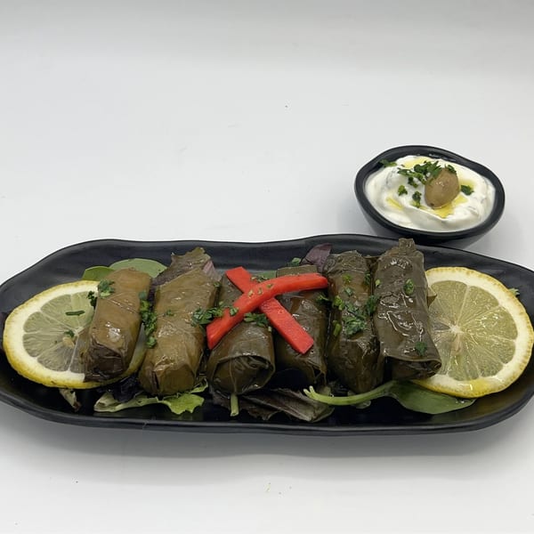 Falafel Hut's Mediterranean dolmades, garnished with lemon slices, red peppers, and parsley, served with tzatziki.