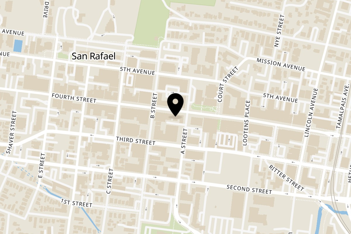 Map showing the location of Falafel Hut on 1115 4th St in San Rafael